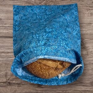 Aqua Blue Bread Bag with Gold Leaf Accents, Reusable Cotton Sourdough Storage, V